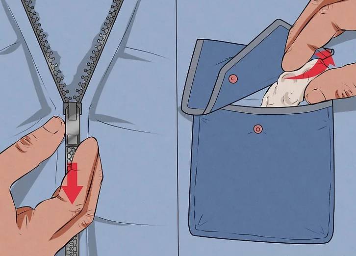 拉起拉鏈，扣上扣子，檢查口袋